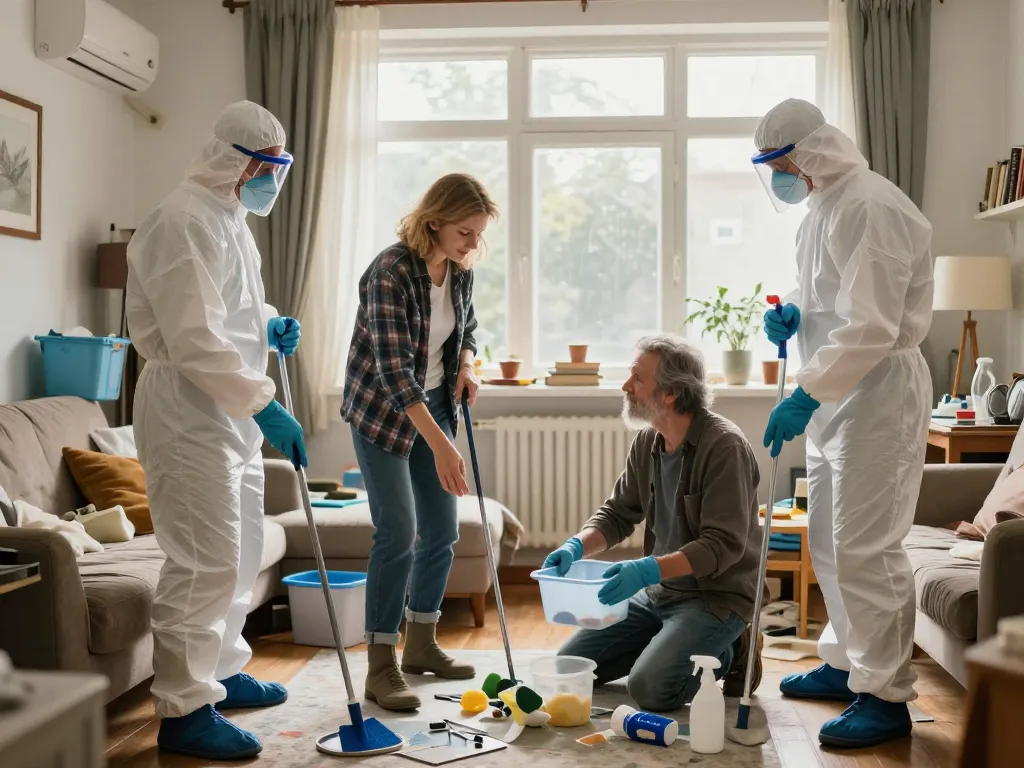 Équipe de professionnels réalisant un tri sélectif et un débarras complet dans un appartement encombré par une accumulation compulsive.