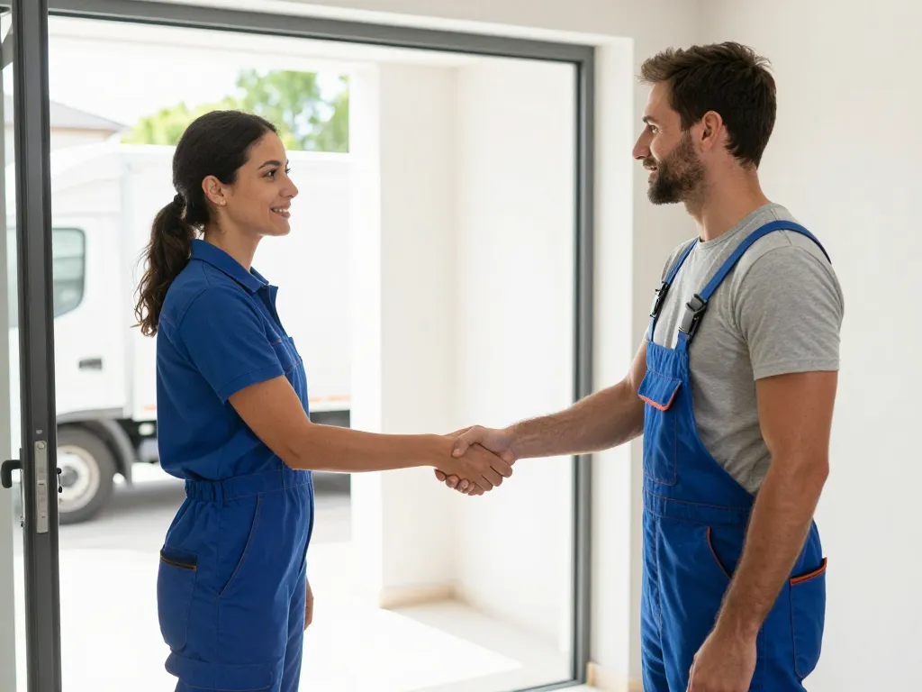 Professionnels du service de débarras en Île-de-France serrant la main d'un client après une intervention rapide.