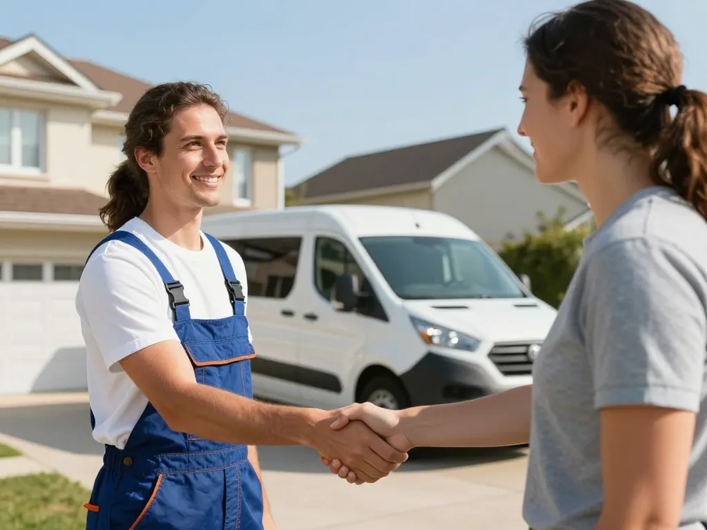 Professionnels du débarras en Île-de-France serrant la main d'un client satisfait devant un pavillon avec leur camion d'intervention.