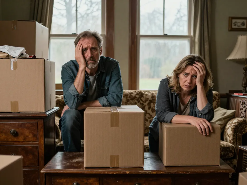 Vue d'un intérieur surchargé de meubles et d'objets divers avec un couple stressé avant l'intervention d'un service de débarras.