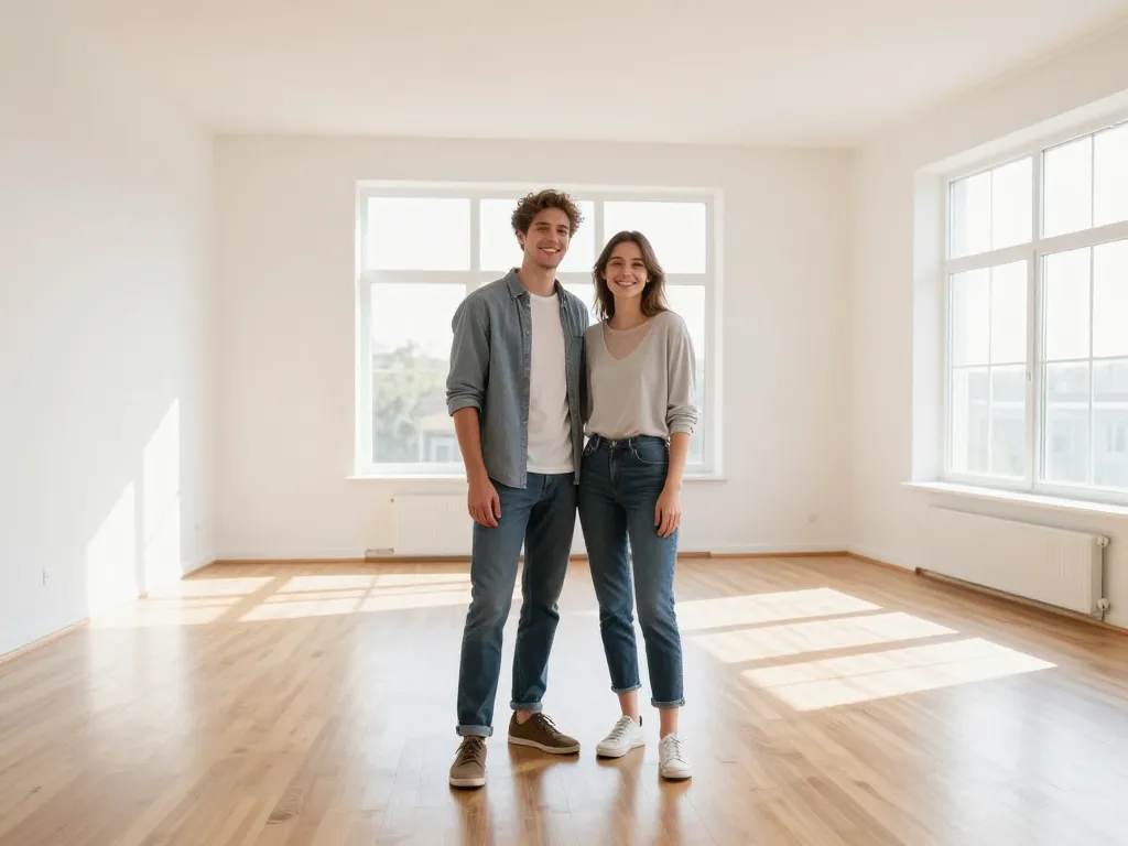 Couple souriant dans un salon spacieux et vide après un débarras complet de maison.