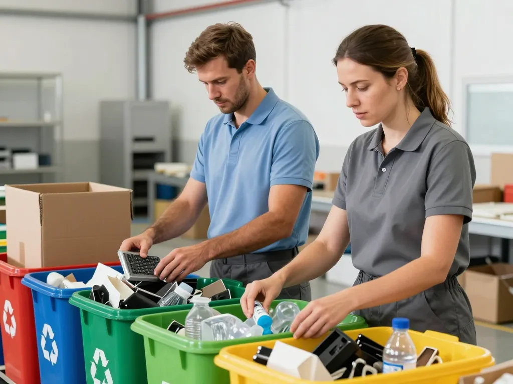 Professionnels du débarras effectuant un tri sélectif rigoureux des objets et matériaux dans un centre de recyclage moderne.