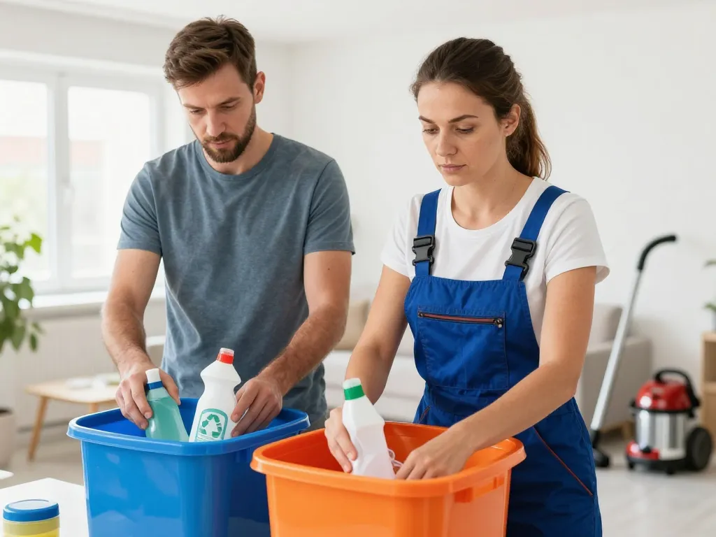 Deux professionnels du débarras triant soigneusement des déchets recyclables et assurant le nettoyage d'un intérieur spacieux.