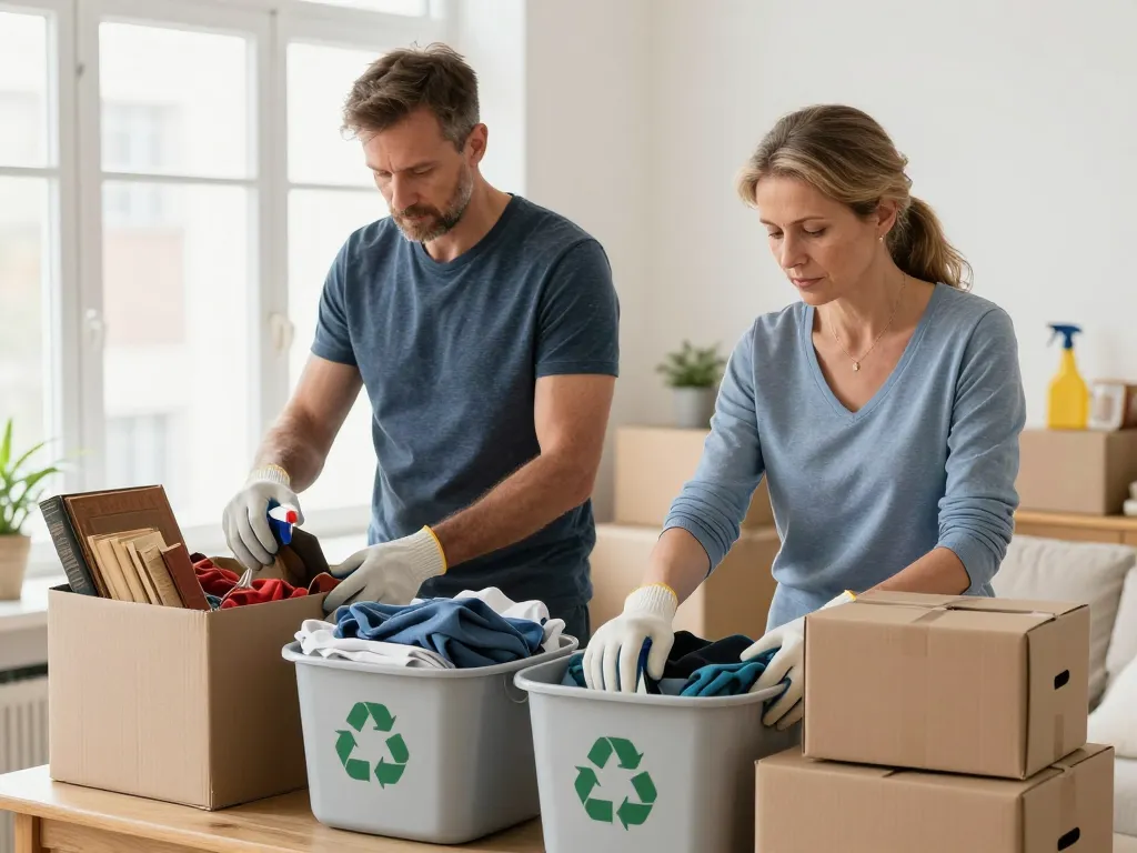 Professionnels du débarras effectuant un tri sélectif et une valorisation d'objets dans un salon lors d'une succession.